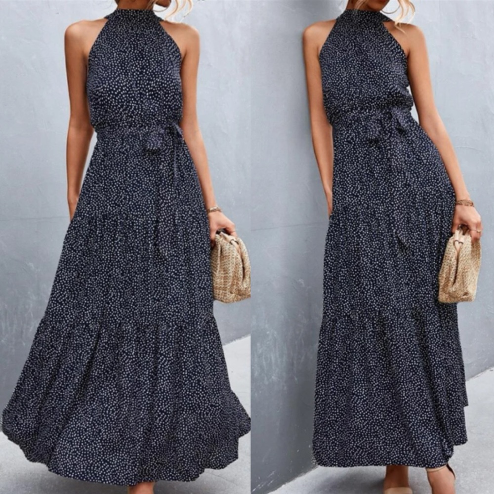 Boho polka dot halter belted maxi dress